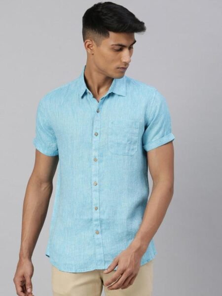 Men Blue Hemp Casual Half Sleeve Shirt