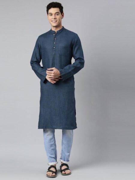 Men Regal Blue Hemp Long Kurta