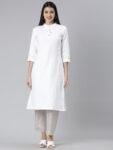 Women Herringbone White and Beige Kurta Set