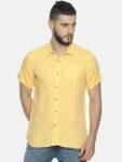 Men Lemon Yellow Hemp Casual Half Sleeve Shirt