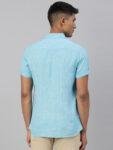 Men Blue Hemp Casual Half Sleeve Shirt