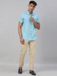 Men Blue Hemp Casual Half Sleeve Shirt