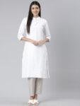 Women Herringbone White and Beige Kurta Set