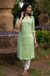 Women Hemp Parrot Green Straight Kurta