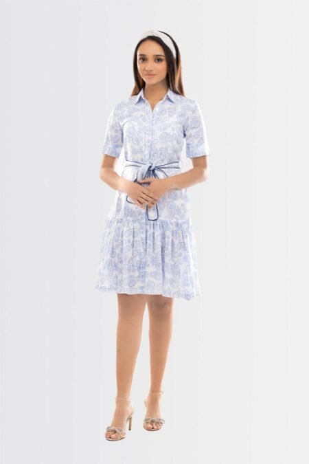 White Cotton Collar Neck Paisley Print Dress with Waist Belt