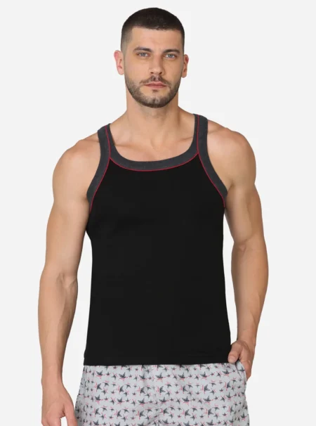 Premium cotton sleeveless vest with contrast fabric taping Black