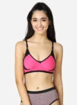 Cotton blend double layered medium coverage T-shirt bra with contrast elastic tape Pink