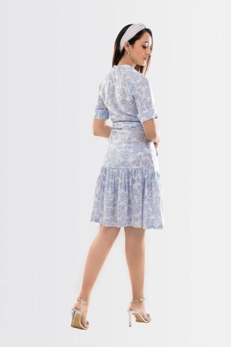 White Cotton Collar Neck Paisley Print Dress with Waist Belt