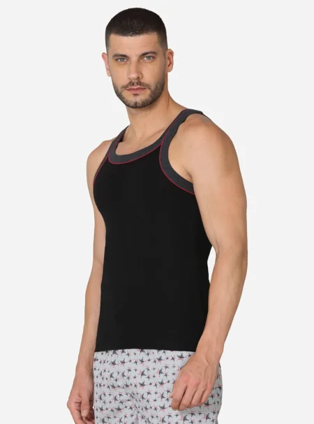 Premium cotton sleeveless vest with contrast fabric taping Black