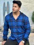 BRUSHED ROYAL BLUE BLACK HOODED FLANNEL SHIRT