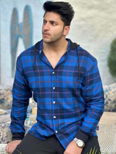 BRUSHED ROYAL BLUE BLACK HOODED FLANNEL SHIRT