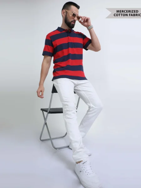 Cornell Red and Navy Striped Polo T-Shirt