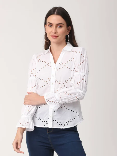 Open Collar V- Neck Eyelet Design Ruched Sleeve