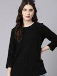 1TheShaili Poly Crape Casual Black Round Neck party top The Shaili black solid party top is a versatile and classic wardrobe staple that can be dressed up for various occasion