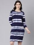 1TheShaili Cotton Blue Knee Length Dress:Round Neck 3:4 Sleeves Tie-Dye Dresses for Women And Girls