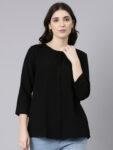 1TheShaili Poly Crape Casual Black Round Neck party top The Shaili black solid party top is a versatile and classic wardrobe staple that can be dressed up for various occasion