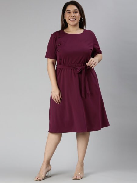 TheShaili - Women's Plum solid A-line Maxi Dress With Pleat At Front Yoke