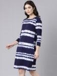 1TheShaili Cotton Blue Knee Length Dress:Round Neck 3:4 Sleeves Tie-Dye Dresses for Women And Girls