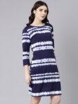 1TheShaili Cotton Blue Knee Length Dress:Round Neck 3:4 Sleeves Tie-Dye Dresses for Women And Girls